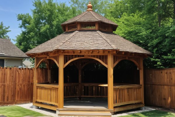 Custom wooden gazebo with shingle roof in backyard