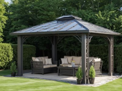 Modern rectangular gazebo with metal roof