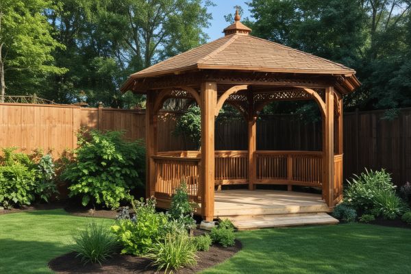 Wooden gazebo in backyard setting