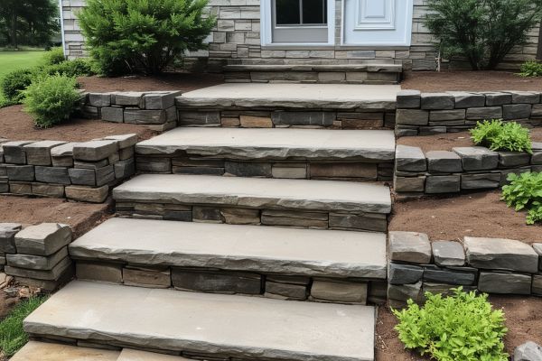 Stone retaining wall with integrated steps