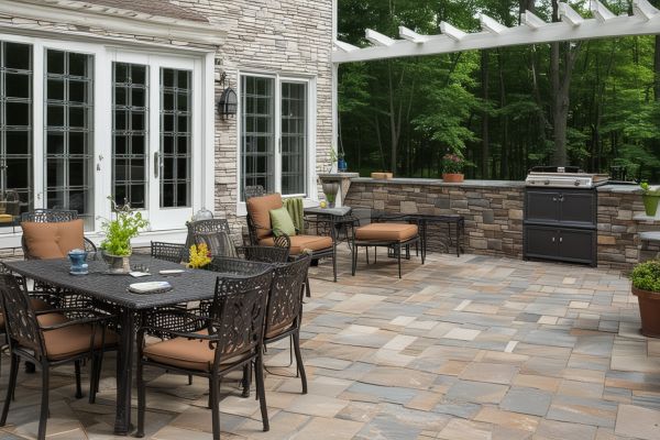 Beautiful stone paver patio with outdoor furniture