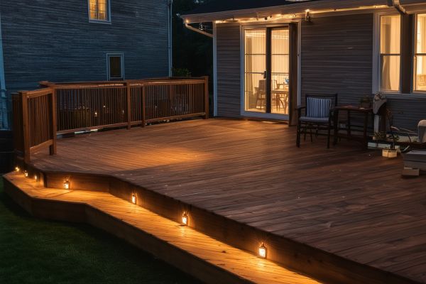 Custom wooden deck with multiple levels and lighting