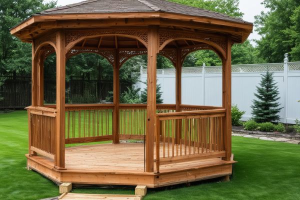 Traditional wooden gazebo in backyard