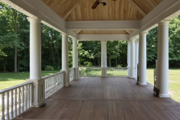 Covered wooden porch with columns