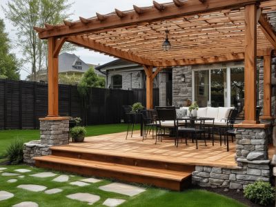 Elegant wooden patio with stone accents and pergola