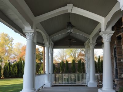 Covered porch with vaulted ceiling and decorative columns