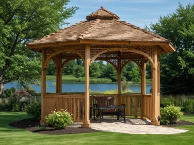 Classic wooden gazebo with shingle roof and decorative trim