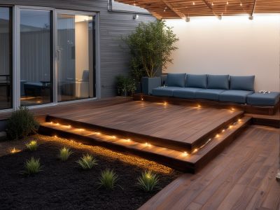 Modern wooden deck with integrated lighting and seating area