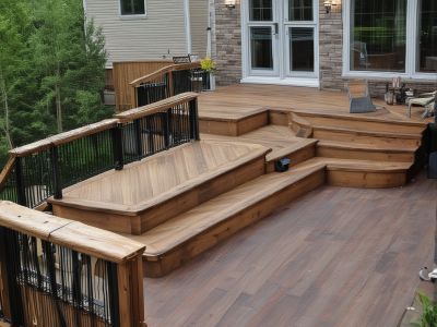 Multi-level deck with built-in seating and railings